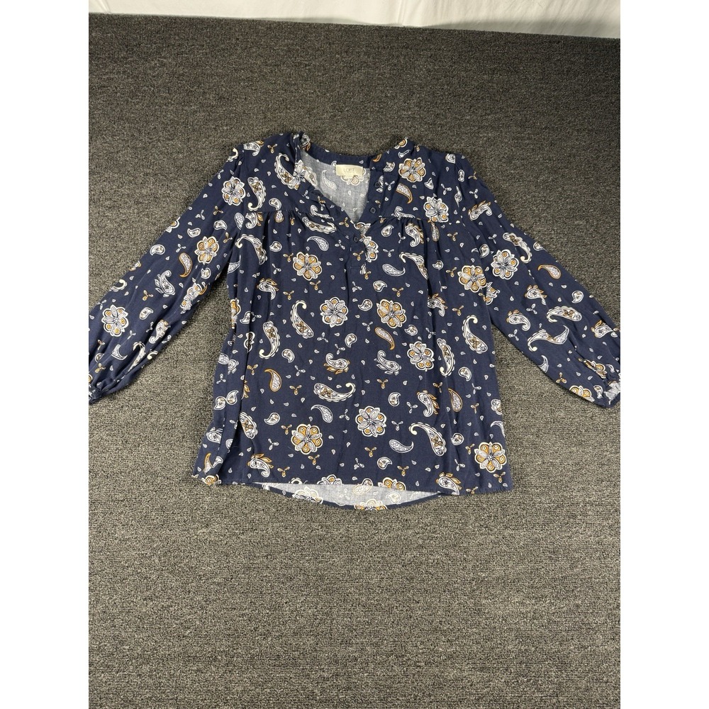 Ann Taylor LOFT outlet navy blue‎ patterned 3/4 length v-neck blouse Women's Sm